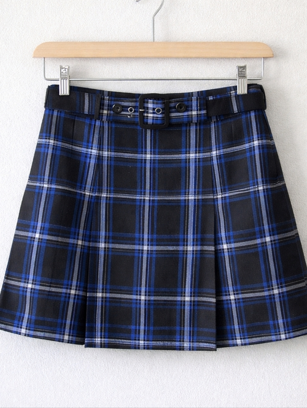 Plaid Mini Skirt Blue Black Tartan Preppy Tenniscore Y2K Belted Size 4